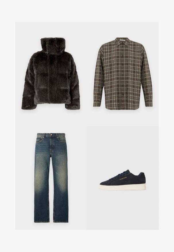 Giacca in ecopelliccia grigio scuro con collo alto, design trapuntato e tessuto strutturato. Le maniche sono leggermente larghe e imbottite.; Camicia a maniche lunghe a quadri marrone e beige con colletto spread, chiusura frontale con bottoni e polsini con bottone singolo. Tessuto leggero con lieve lucentezza.; Jeans in denim blu a gamba dritta con una finitura sbiadita, cuciture a contrasto, cinque tasche e chiusura tradizionale a bottone e cerniera.; Sneaker bassa in suede blu navy con suola bianca, lacci blu navy e logo "Filling Pieces" in oro sul lato.