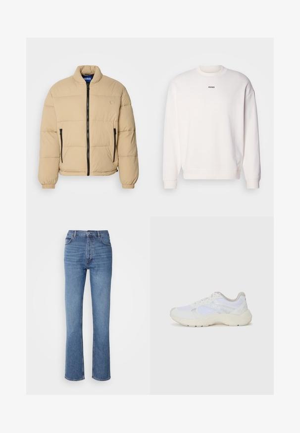 Beige dunjakke med høy krage, glidelås foran og to glidelåslommer. Har kviltet mønster og elastiske mansjetter. Logo på brystet.; Hvit crewneck sweatshirt laget av myk bomullsblanding, med en avslappet passform, ribbede mansjetter og "HUGO"-logo i svart på brystet.; Blå denimjeans med høy midje, rett ben-design og subtil falming. Har klassisk fem-lomme stil og glidelås lukking.; Hvit idrettssko laget av mesh og skinn, med en teksturert mellomsåle, teksturerte detaljer og "HUGO"-logo på siden.