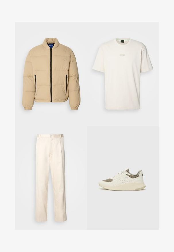 Beige dunjakke med høy krage, glidelås foran og to glidelåslommer. Har kviltet mønster og elastiske mansjetter. Logo på brystet.; BOSS TEE - T-shirts - open white; Beige bomullsbukser med rett benfatt, med knappelukking og folder foran for ekstra detaljer.; Hvit og lysebeige treningssko, med en mesh-overdel, perforerte detaljer og en teksturert mellomsåle med merkevare på hælen.