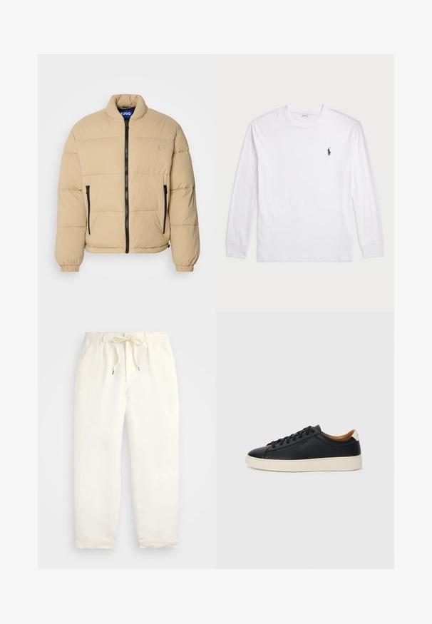 Šviesiai rudos spalvos pūkinė striukė su aukštu apykakle, užtrauktuku priekyje ir dviem užtrauktukais uždaromomis kišenėmis. Yra siuvinėjimo raštas ir elastingi rankogaliai. Ant krūtinės yra logotipas.; Balta ilgomis rankovėmis marškinėliai iš medvilnės. Gali būti apvalios formos kaklas, raukšlės ant rankovių, ir nedidelis tamsiai mėlynas polo logotipas kairėje krūtinės pusėje.; Šviesiai kreminės spalvos, laisvalaikio kelnės iš minkštos medžiagos. Turi elastinį juosmenį su raišteliais ir siaurėjantį kojų dizainą.; Juodos odinės sportbačiai su lygiu paviršiumi, smėlio spalvos guminis padas, raišteliais užsegama konstrukcija ir kontrastingas kulno akcentas.
