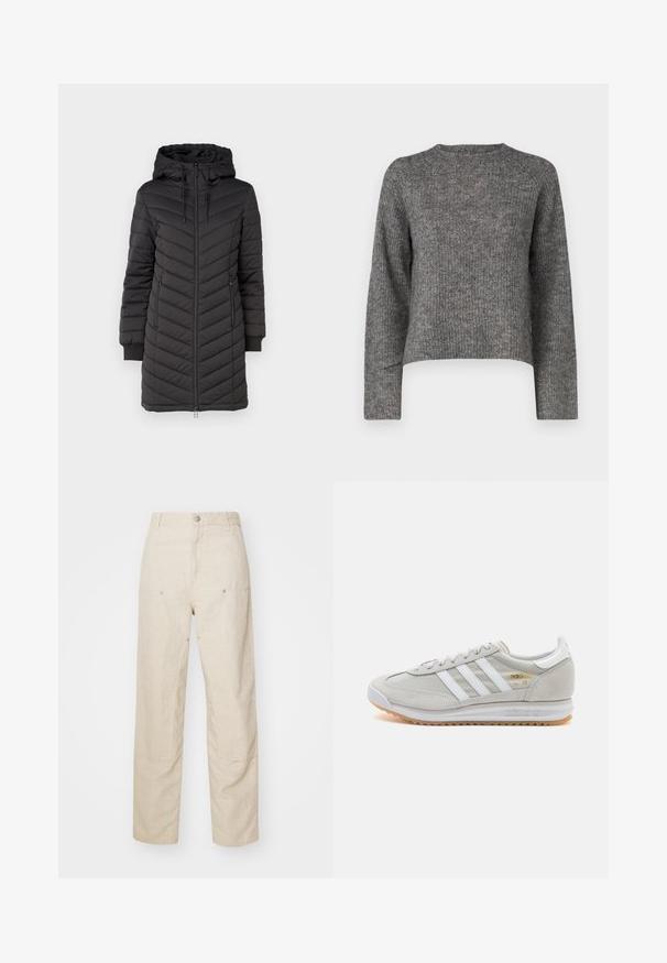 JDY JDYEBONIE LONG HOOD JACKET - Winter coat - phantom; Gray knitted sweater with long sleeves, round neckline, and a relaxed fit. Textured fabric and cropped length. No additional details.; Beige linen pants with a relaxed fit, featuring side pockets and decorative stitching details, seamless waistband, and straight legs.; Light grey sneaker made of suede and mesh, featuring three white stripes, round toe, and a gum rubber sole. Gold logo accent near laces.