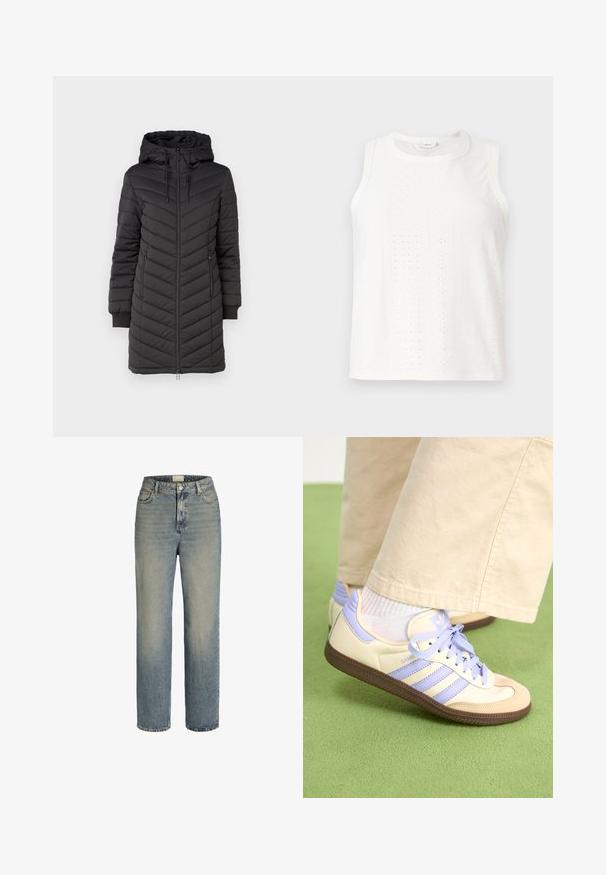 JDY JDYEBONIE LONG HOOD JACKET - Geacă - phantom; Top alb fără mâneci, cu modele perforate, decolteu rotund și croială dreaptă. Fabricat dintr-un material ușor, cu o textură netedă.; Blugi din denim de culoare albastru deschis, cu un design pe picior drept, talie înaltă, stil cu cinci buzunare și ușoară decolorare. Prezintă închidere cu nasture metalic și fermoar.; Adidași crem și lavandă cu trei dungi și o talpă texturată maro, având șireturi și un călcâi căptușit. Superior din material moale.