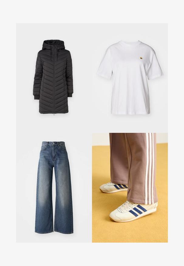 JDY JDYEBONIE LONG HOOD JACKET - Winter coat - phantom; White cotton t-shirt with a relaxed fit, short sleeves, and a small embroidered logo on the left chest area.; Blue high-waisted wide-leg jeans with front button and pockets, faded texture on thighs and a straight hem.; Cream sneakers with blue suede stripes, white laces, and a rubber sole. Paired with gray sweatpants featuring white side stripes.