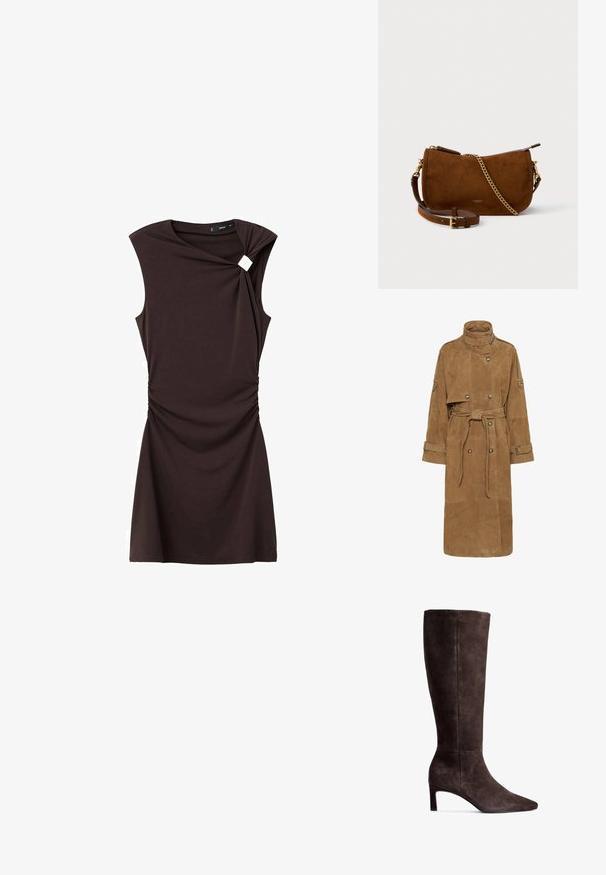 Tan suede trench coat with a high collar, double-breasted front, belted waist, and large pockets. Features cuff straps and a textured finish.; Brown dress with short sleeves, featuring a twisted design at the shoulder and ruching at the waist, made from a smooth, stretch fabric.; Brown suede knee-high boot with a pointed toe and 3-inch heel. Smooth texture, sleek silhouette, and minimalistic design.; Brown suede crossbody bag with a textured finish, a gold chain accent, and an adjustable leather strap. Features a zip closure.