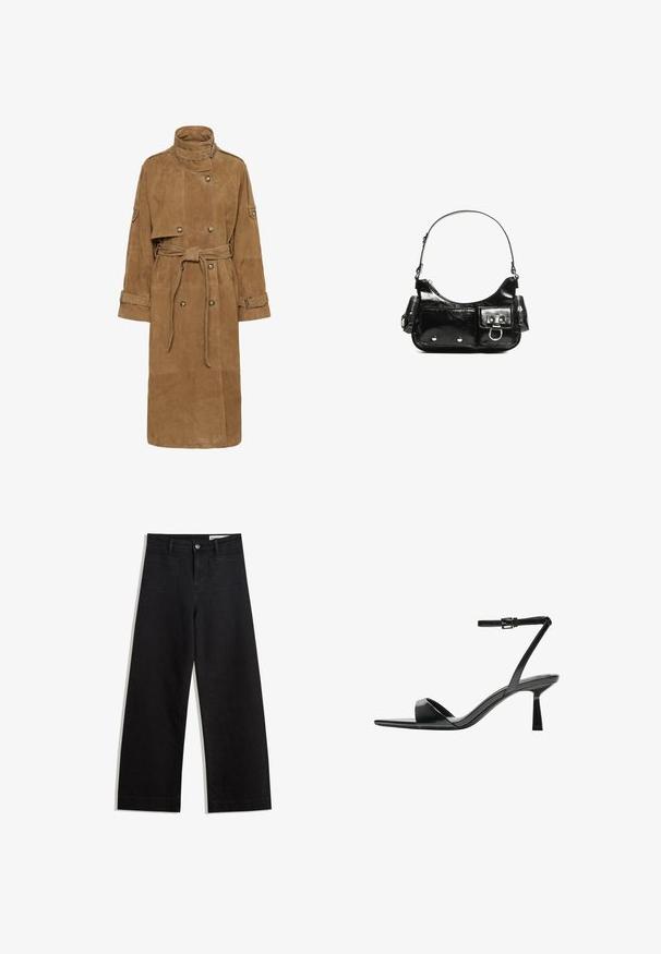 Nagolarnik zamszowy w kolorze tan, z wysokim kołnierzem, podwójną plisą z przodu, paskiem w talii oraz dużymi kieszeniami. Posiada paski na mankietach oraz teksturowane wykończenie.; Jasnoszary sweter wykonany z miękkiej dzianiny, z okrągłym dekoltem, obniżonymi ramionami oraz ściągaczami przy mankietach i u dołu. Prosty design, bez wzorów.; Czarne dżinsowe spodnie o szerokich nogawkach i wysokim stanie, z przednimi i tylnymi kieszeniami, przeszyciami oraz zapięciem na guziki. Gładka struktura.; Bershka - Sandały na obcasie; Czarna torebka z lakierowanej skóry o zaokrąglonym kształcie, z jednym paskiem na ramię, przednimi kieszeniami i akcentami w kolorze srebrnym.