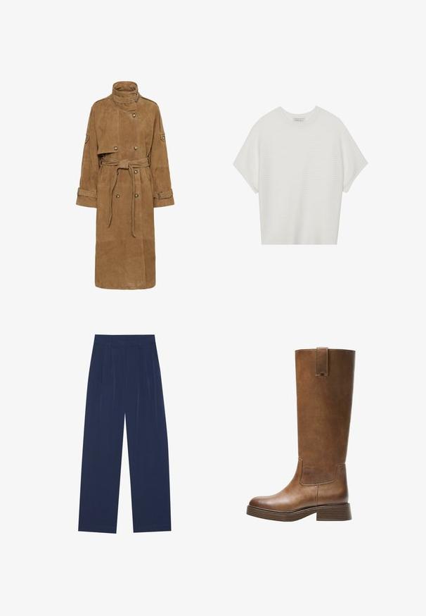 Peščena suknja kaput iz zamše z visokim ovratnikom, dvojno zapenjanjem spredaj, pasom in velikimi žepi. Ima trakove na manšetah in teksturiran zaključek.; Bela majica s kratkimi rokavi in širokim ovratnikom ter teksturiranim rebrastim vzorcem, izdelana iz mehke tkanine, z udobnim krojem in čistim dizajnom.; Mornarsko modri široki hlače iz mehkega materiala, ki imajo sprednje drapiranje, gladko teksturo in ravno silhueto brez vidnih žepov.; Bralne usnjene škornje do kolen z zaobljenim nosom, teksturirano površino in nizkim platiščem. Imajo stranski panel in zanko za poteg na vrhu.