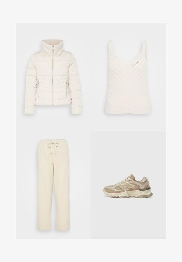 Λευκή πούφα με ψηλό γιακά, μπροστινό φερμουάρ και διαγώνιο ραμμένο σχέδιο. Περιλαμβάνει δύο πλαϊνές τσέπες με φερμουάρ και cropped σχεδίαση.; Λευκό πλεκτό τοπ με V-ντεκολτέ, με σχέδιο ζιγκ-ζαγκ και λεπτές τιράντες. Η υφή είναι ελαφριά και αέρινη.; Even&Odd Petite Παντελόνι - beige; Μπεζ αθλητικά παπούτσια με υλικά από δίχτυ και σουέτ, στρογγυλή μύτη, χοντρή σόλα και αξιοσημείωτες ανακλαστικές λεπτομέρειες στο πλάι.