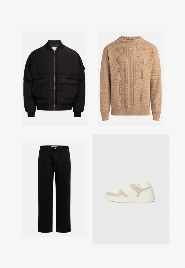 Must värvi puffjakki, millel on nupuga kaelus, lõpp, kaks eesmist taskut, soonikkoes mansetid ja äär, millel on soojustamiseks kvaliteetne tikand.; Beezsilmeline koe, millel on tekstuurilised mustrid. Omab ümarat kaelaosa, soonikuid mansette ning mitmekesiseid palmikute kudumisi ees.; Mustad denim püksid sirge jala kujundiga, klassikaline viie tasku disain ja nööbid kinniuisutamisel. Sile tekstuur ja vastupidav kangas.; Valge ja beež treeningjalats, millel on sujuvad ja sametised tekstuurid, ümar varvas, lukk nööbid ja tasane kummist tald.