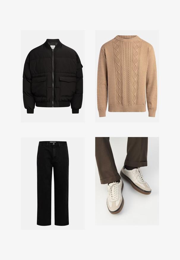 Giacca a vento nera con colletto alto, chiusura con zip, due tasche frontali, polsini e orlo a costine, caratterizzata da un design trapuntato per isolamento.; Maglione a maglia color beige con motivi testurizzati. Presenta un colletto rotondo, polsini a costine e diverse trame a trecce sul davanti.; Pantaloni in denim nero con taglio dritto, design classico a cinque tasche e chiusura con bottone in vita. Tessuto liscio e materiale resistente.; Sneakers beige con una parte anteriore in suede testurizzato, lati in pelle liscia e una suola in gomma marrone. Inclusi lacci e dettagli di cucitura leggera.