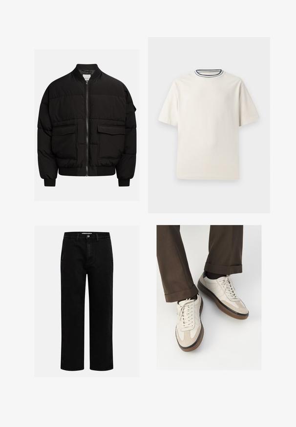 Juodas pūkinis švarkas su suknežtais apykakle, užtrauktuku, dviem priekiniais kišenėmis, nertais rankogaliais ir apačia, su siuvinėtu dizainu, skirtu šilumai išlaikyti.; Kremo spalvos medvilninė marškinėlių su trumpomis rankovėmis, suapvalintu iškirpimu, puoštu tamsiai mėlynomis ir baltomis juostelėmis. Glotni tekstūra, laisvas sijonas.; Juodi džinsai su tiesiu kirpimu, klasikinio penkių kišenių dizainu ir mygtuko užsegimu juosmens zonoje. Lygus tekstūras ir patvari medžiaga.; Bežiniai sportbačiai su tekstūruotu zomšinės priekine dalimi, lygiomis odinėmis šoninėmis dalimis ir ruda guminėmis padais. Į komplektą įeina juostelės ir šviesūs siuvimo detalės.