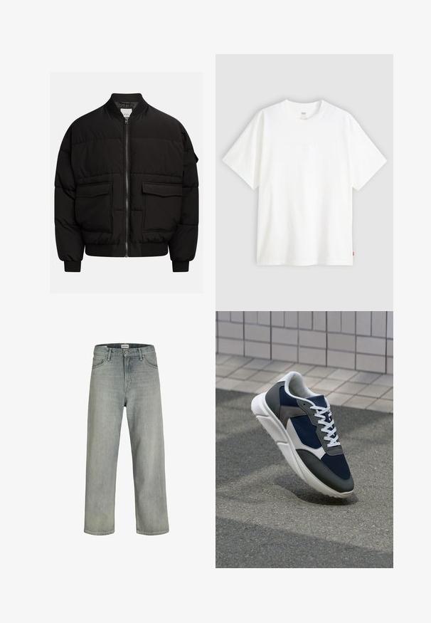 Zwarte pufferjack met een hoge kraag, ritssluiting, twee voorzakken, ribgebreide manchetten en onderrand, met een gewatteerd ontwerp voor isolatie.; Witte pique t-shirt met korte mouwen van katoen en een ronde hals. Heeft een subtiele reliëf logo-detail aan de voorkant en een rood label aan de zoom.; Lichtgrijze, loszittende spijkerbroeken van denim. Beschikt over een klassiek vijf-pocket ontwerp, riemlussen en een rechte pijp silhoët.; Sneaker met een marineblauwe mesh bovenwerk, grijze suède accenten, witte rubberen zool en platte witte veters, ontworpen voor comfort en ademend vermogen.