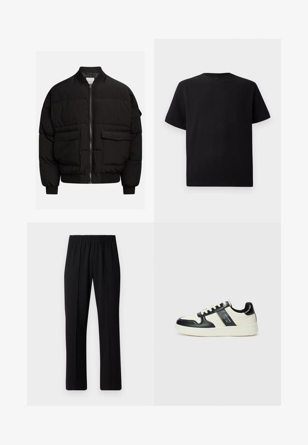 Veste en duvet noire avec un col montant, fermeture éclair, deux poches avant, poignets et ourlet côtelés, et dotée d'un design matelassé pour l'isolation.; T-shirt noir à manches courtes en tissu texturé, avec un col rond et une coupe décontractée. Simple, sans motifs ni accents.; Pantalons noirs à taille élastique avec une coupe droite, présentant une texture lisse et sans motifs ni éléments visibles.; Baskets en cuir avec un schéma de couleurs noir et crème, dotées d'accents perforés, d'un col rembourré et d'une semelle texturée.