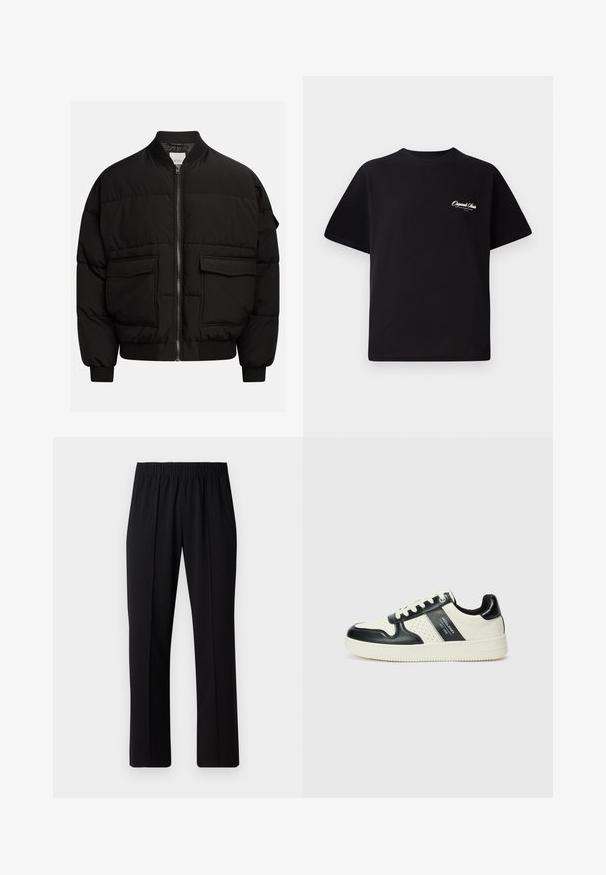 Zwarte pufferjack met een hoge kraag, ritssluiting, twee voorzakken, ribgebreide manchetten en onderrand, met een gewatteerd ontwerp voor isolatie.; Zwarte katoenen t-shirt met een ronde hals, korte mouwen en kleine witte logo-tekst op de linkerkant van de borst. Eenvoudig ontwerp, klassieke pasvorm.; Zwarte, elastische broek met rechte pijpen, met een gladde textuur en zonder zichtbare patronen of hardware.; Leren sneakers met een zwart en crèmekleurig kleurenschema, voorzien van geperforeerde accenten, een gevoerde kraag en een gestructureerde buitenzool.