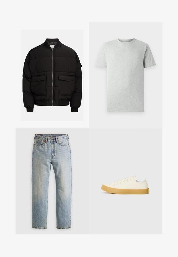 Czarna kurtka puchowa z półgolfem, zapięciem na zamek, dwoma przednimi kieszeniami, ściągaczami przy mankietach i u dołu, posiadająca pikowaną strukturę dla lepszej izolacji.; Jasnoszara koszulka typu T-shirt z krótkim rękawem i okrągłym dekoltem, wyeksponowana na białym tle, widok z przodu bez widocznych logo czy wzorów.; Jasnoniebieskie dżinsy z wysokim stanem, z guzikiem z przodu, zamkiem błyskawicznym i pięcioma kieszeniami, ułożone na płasko na neutralnym tle.; Płócienne sneakersy w odcieniu ecru z okrągłym noskiem, charakteryzujące się beżowymi gumowymi podeszwami i pięcioma otworami na sznurówki, z teksturowanym wykończeniem cholewy.