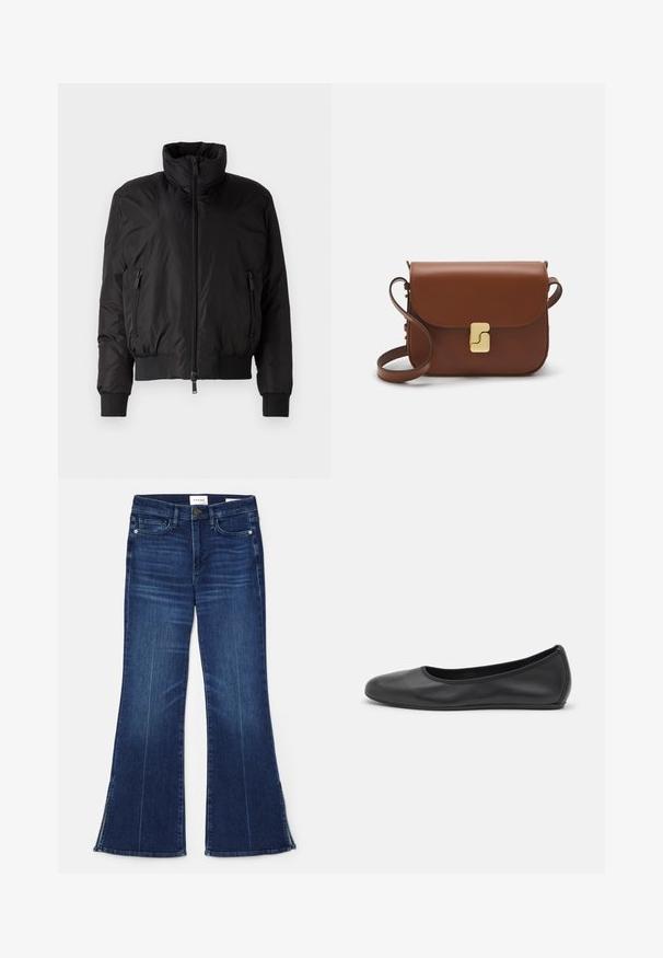 Black puffer jacket with a high collar, zip-front closure, and two zippered side pockets. Features elastic cuffs and a cropped design.; White short-sleeve t-shirt made of ribbed fabric. Round neckline, regular fit, and subtle stitching details. No patterns or graphics.; Dark blue flared jeans made from denim. Features a high waist, front pockets, and slit details at the hem. Classic five-pocket design.; Black leather ballet flat with a rounded toe, smooth texture, minimal stitching detail, and a flexible sole design.; Brown leather handbag with a flap closure, gold-tone hardware, a shoulder strap, and a smooth texture. Compact rectangular shape.