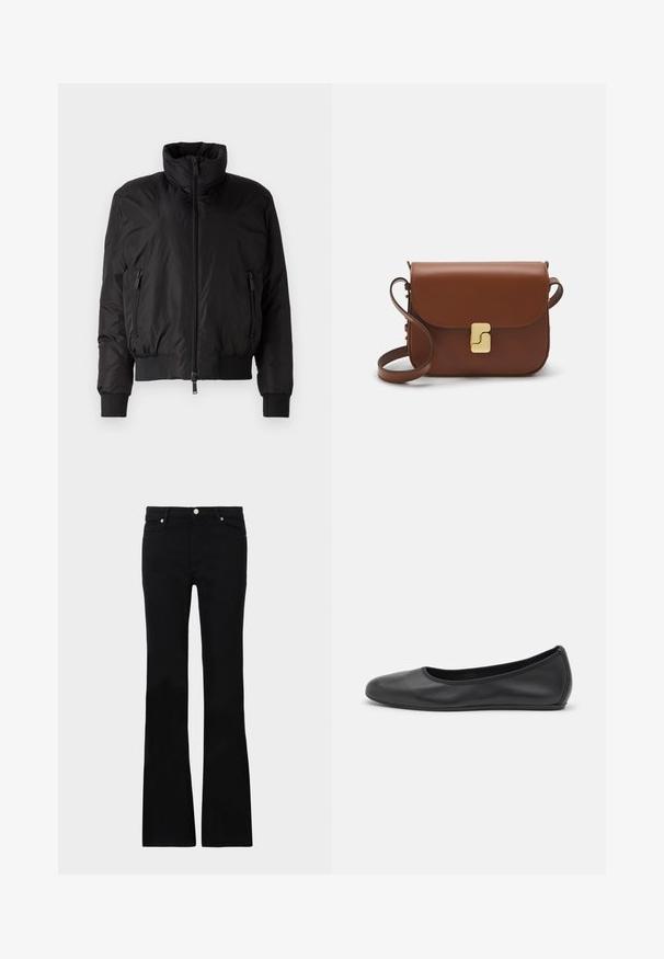 Giacca a vento nera con colletto alto, chiusura con zip frontale e due tasche laterali con zip. Presenta polsini elastici e un design corto.; T-shirt bianca a maniche corte realizzata in tessuto a costine. Collo rotondo, vestibilità regolare e dettagli di cucitura sottili. Senza motivi o grafiche.; Jeans neri svasati in denim, dotati di due tasche anteriori, chiusura con bottone e una texture liscia. Cuciture iconiche visibili nei punti di giuntura.; Pantofole da balletto nere in pelle con punta arrotondata, texture liscia, dettagli di cucitura minimi e design con suola flessibile.; Borsa a tracolla in pelle marrone con chiusura a pattina, hardware color oro, tracolla e una finitura liscia. Forma rettangolare compatta.