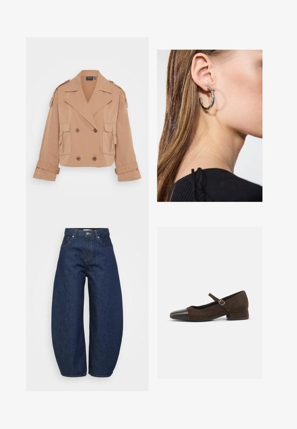 Tan cropped jacket with a double-breasted closure, large front pockets, and rolled sleeves. Made from a smooth, lightweight fabric.; Navy blue cropped sweater made of soft knit material. Features a round neckline and long sleeves with ribbed cuffs. Simple, sleek design.; Dark blue denim jeans with a wide, relaxed fit. Features a zip fly, four pockets, and contrasting stitching along seams.; Brown suede Mary Jane shoe with a black patent leather toe cap, adjustable strap, and a low block heel. Smooth texture with minimal accents.; Silver hoop earring with a polished finish, featuring small gold accent details and a round shape, worn on the lobe.