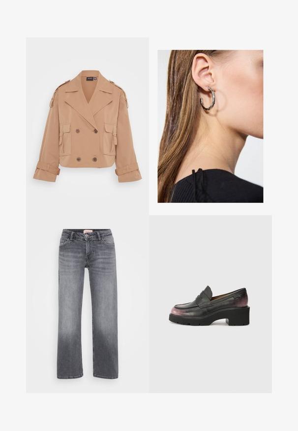 Beige, kort jacka med dubbelknapplås, stora framfickor och uppvikta ärmar. Tillverkad av ett slätt, lätt tyg.; Even&Odd Petite 2 PACK - Linne - light grey/black; Grå denimjeans med rak passform, femficksdesign, subtil blekning och knappstängning i midjan.; Svarta lädersneakers med rund tå, accentband och tongrad från svart till mörkrosa vid hälen. Har en kraftig sula.; Silverörhänge med polerad yta, med små detaljer i guld och rund form, bärs på loben.
