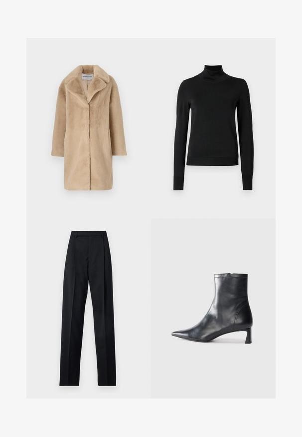 STAND STUDIO CAMILLE COCOON COAT - Cappotto invernale - powder beige; Pullover nero a maniche lunghe con collo alto, rifinito con polsini e orlo a coste, mostrato su uno sfondo bianco semplice.; Pantaloni neri realizzati in tessuto morbido, caratterizzati da vita alta, gambe larghe, pince frontali e classiche passanti per cintura. Non ci sono tasche laterali visibili.; Stivaletto in pelle nera con punta affusolata e design elegante. Presenta un tacco basso e una chiusura con zip sul retro. Texture liscia.