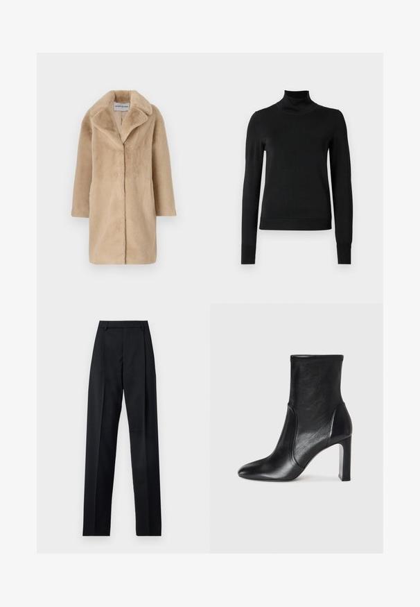 STAND STUDIO CAMILLE COCOON COAT - Casaco de inverno - powder beige; Sweater preto de manga longa com gola alta, com punhos e bainha canelados, exposto em um fundo branco liso.; Calças pretas feitas de um tecido suave, com uma cintura alta, pernas largas, pregas frontais e passadores de cinto clássicos. Não há bolsos laterais visíveis.; Bota de tornozelo em couro preto com um design elegante, bico pontudo e um alto salto bloco. Apresenta uma textura suave e um detalhe de costura minimalista.