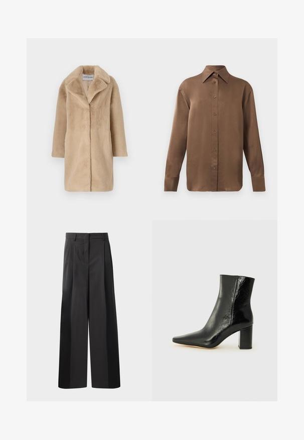 STAND STUDIO CAMILLE COCOON COAT - Ziemas mētelis - powder beige; Brūns garās piedurknes pogājamais krekls ar norādītu apkakli un aprocēm, izlikts pret vienkāršu baltu fonu.; Melni platajā kājās bikses ar augsto jostasvietu, kas ar priekšējiem krokām, gludu tekstūru un pielāgotu apdari. Veidotas relaksētai piegrieztei.; Melna potīte, izgatavota no mirdzošas ādas, ar norādītu purngalu un masīlu kvadrāta papēdi. Iezīmes ir gluda tekstūra un minimālisma dizains.