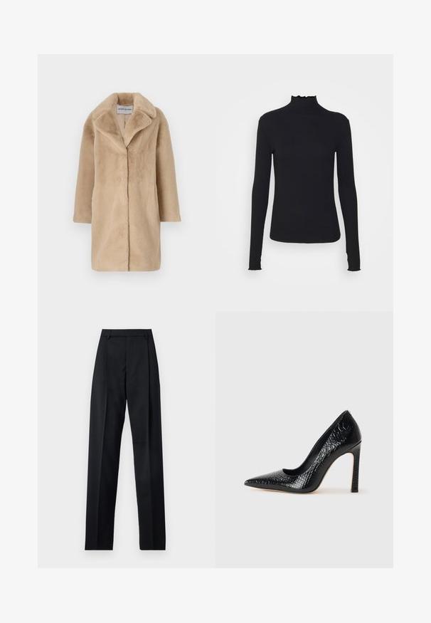 STAND STUDIO CAMILLE COCOON COAT - Cappotto invernale - powder beige; Maglione nero a maniche lunghe con colletto a dolcevita realizzato in tessuto morbido, caratterizzato da un collo arricciato e una silhouette aderente con bordi semplici.; Pantaloni neri realizzati in tessuto morbido, caratterizzati da vita alta, gambe larghe, pince frontali e classiche passanti per cintura. Non ci sono tasche laterali visibili.; Scarpa nera con punta a punta alta in pelle di coccodrillo, caratterizzata da un design elegante, alto tacco a spillo e interno nero liscio.