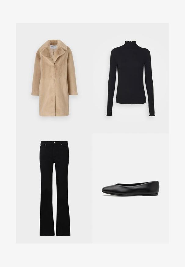 STAND STUDIO CAMILLE COCOON COAT - Zimski kaput - powder beige; Crni dugi rukav turtleneck majica izrađena od glatkog materijala, s volanima oko vrata i uskim siluetom s jednostavnim rubovima.; Crne široke traperice izrađene od denima, s dva prednja džepa, kopčanjem na dugme i glatkom teksturom. Potpisna šavova vidljiva na šavovima.; Paul Smith TOPANGA - Balerinke - black