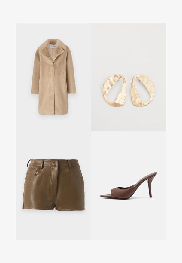 STAND STUDIO CAMILLE COCOON COAT - Talvemantel - powder beige; Pikkade varrukatega valge T-särk, mis on valmistatud ribakujulisest puuvillast, ümmarguse kaeluse ja sirge hemiga. Lihtne disain ilma mustrite või aktsentideta.; Pruun kunstnahast lühikesed püksid, millel on vormiv disain, vöökohaga, millel on vööaugud, ees olevad taskud ja nähtavad õmbluste detailid.; Pruunid nahast avatud varvastega kõrged kontsad, millel on stiilne disain, laia eesrihma ja peene stilettokontsaga.; Eba paar eba ebaorditud ovaalkujulisi kuldehhe kaal setertu, kerge keersuju pinnaga valgel taustal.