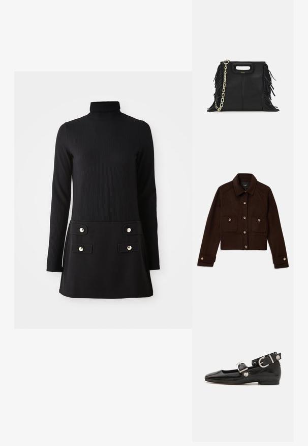 Temno rjava skrajšana jakna z dolgimi rokavi, gumbom na sprednji strani in na manšetah ter dvema žepoma s poklopcem in gumbi na prsih.; Črna rebrasta obleka s turtleneck ovratnikom in dolgimi rokavi, ki ima oprijet trup in razširjen krilo z dvema sprednjima žepoma ter zlatimi gumbi.; Črne lakaste balerinke s kvadratnim prstom, trakovi okrog gležnja z zlatimi dodatki in ravnim podplatom. Gladka tekstura z minimalističnim dizajnom.; Črna usnjena ročna torba z detajli fringa, zlatim verigo za rame in izrezanim ročajem. Na sprednji strani je nameščen logotip.