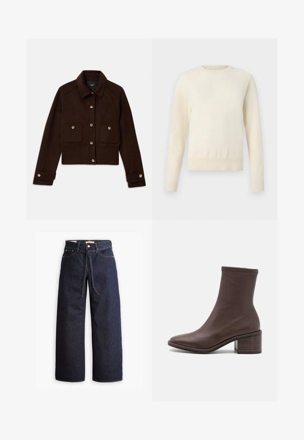 Dunkelbraune, kurz geschnittene Jacke mit langen Ärmeln, Knopfverschluss vorne und an den Manschetten sowie zwei Brusttaschen mit Knöpfen.; Hellcremefarbener Pullover mit langen Ärmeln, rundem Halsausschnitt und geripptem Saum. Hergestellt aus einem weichen Material mit glatter Textur.; Weite, dunkelblaue Jeans aus Denim mit hoher Taille, ausgestattet mit einem Kordelzug, fünf Taschen und kontrastierenden Nähdetails.; Loeffler Randall ROXY STRETCH - Stiefelette - espresso