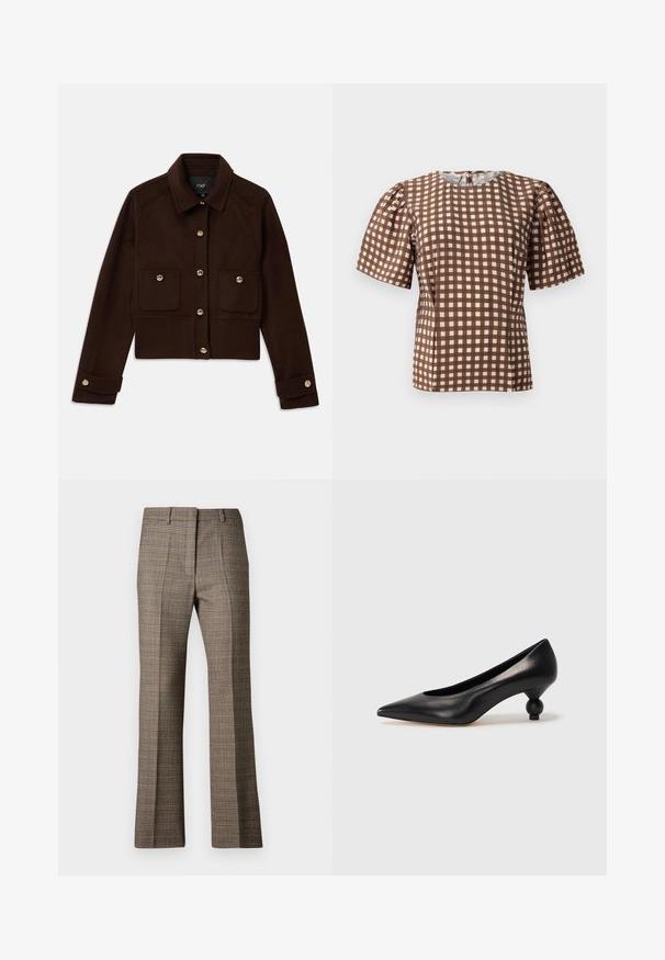 Tummanruskea lyhythihainen takki, jossa on pitkät hihat, napitettu etuosa ja hihansuut, sekä kaksi nappikiinnitteistä läpällistä taskua rinnassa.; Ruskea ja valkoinen ruudullinen paita, jossa on lyhyet puff-hihat ja pyöreä pääntie. Takana on vetoketju ja kangas on sileä.; Ruske rućaste hlače s ravnim krojem, izrađene od teksturirane tkanine i s suptilnim bojama bež i tamnijih smeđih tonova kroz uzorak.; Musta nahkakengät korkealla korolla, joissa on terävä kärki ja pyöreä, pallomainen korko. Sileä pinta ja tyylikäs, minimalistinen muotoilu.