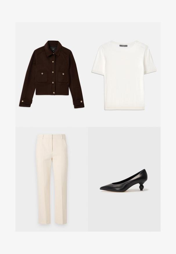 Jachetă cropped de culoare maro închis, cu mâneci lungi, închidere cu nasturi în față și la manșete, și două buzunare cu clapetă, cu nasturi, pe piept.; Top tricotat alb cu mânecă scurtă, cu decolteu rotund, având o textură netedă și accente subtile cu nervuri la mâneci și la margine.; Pantaloni bej, tăiați la croi drept, cu două pliseuri frontale și un brâu plat. Construiți dintr-un material neted. Fără buzunare vizibile.; Pantofii cu toc înalt din piele neagră, cu vârf ascuțit și toc rotund, mimos. Textură netedă, cu un design elegant și minimalist.