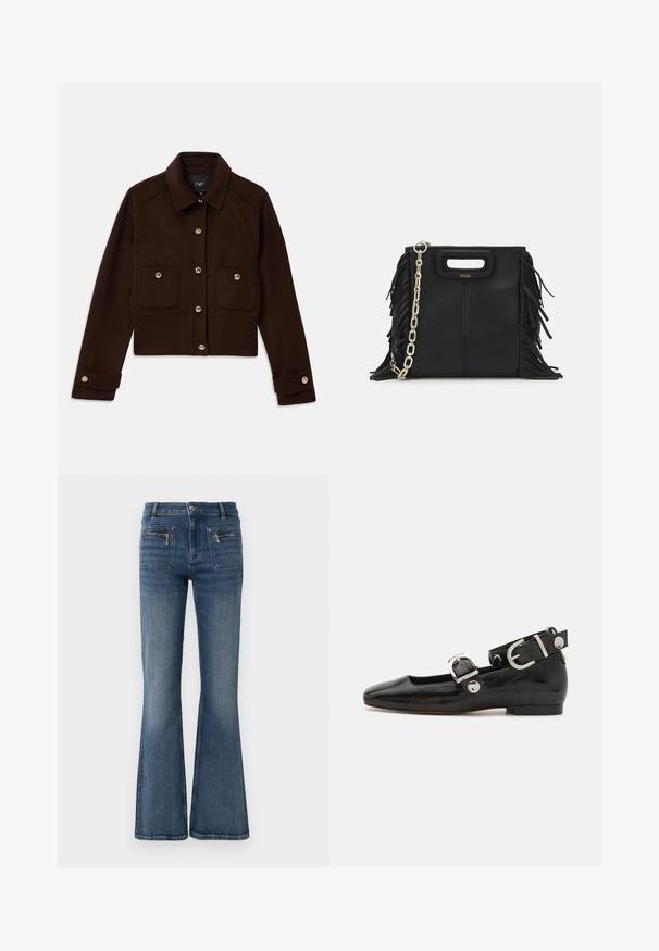 Sötétbarna, rövidített kabát hosszú ujjakkal, gombos elülső rész és mandzsetta, valamint két gombos hajtókás zseb a mellrészen.; Sötétkék bordázott póló, hegyes gallérral, rövid ujjakkal és két elülső zsebbel, amelyek patentgombokkal záródnak; fehér varrási díszítésekkel kiemelve.; Fellábú, kék farmernadrág közepes derékkal, elülső és hátsó zsebekkel, finoman kopott mosással.; Fekete lakkbőr lapos cipő négyzet alakú orral, ezüst hardware-rel ellátott bokapánttal és lapos talppal. Simaságával és minimalista dizájnjával kiemelkedő.; Fekete bőr kézitáska, frufrus részletekkel, arany láncos vállpánttal és kivágott fogantyúval. Az elülső részen logó található.