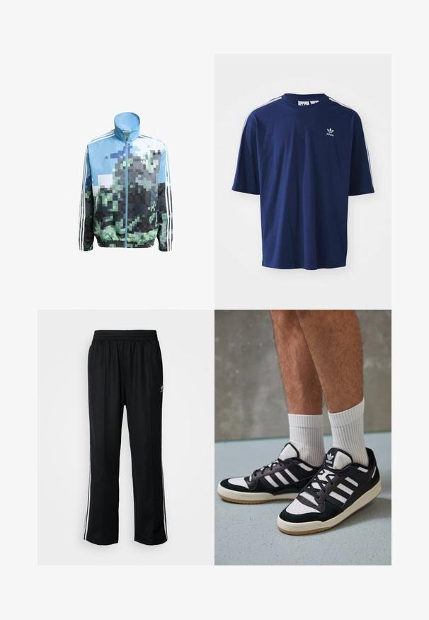 Chaqueta rompevientos con un diseño pixelado en tonos de azul, verde y negro. Incluye un cuello alto, cierre de cremallera y bolsillos laterales.; Camiseta de algodón azul marino de mangas cortas, cuello redondo, tres franjas blancas en los hombros y un pequeño logo blanco en el pecho.; Pantalones deportivos negros con cintura elástica, que presentan rayas laterales blancas y un pequeño logotipo. El material parece suave y ligero.; Zapatillas en blanco y negro con parte superior de ante y cuero, que presentan tres franjas blancas, una puntera perforada y una suela de goma.