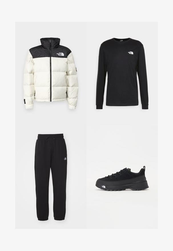 The North Face RETRO NUPTSE JACKET - Pūkinė striukė - white dune/black; Juoda džemperis ilgomis rankovėmis, pagamintas iš medvilnės, su baltu logotipu kairėje krūtinės pusėje ir pūstomis rankogaliais. Lygus paviršius su apykakle.; Juodos sportinės kelnės, pagamintos iš minkštos medžiagos, su elastinga juosmens juosta ir raišteliu, apatinėmis dalimis su gumomis bei mažu logotipu viršutiniame šlaunies regione.; Juodas lauko sportinis batelis su zomšiniu viršumi, tekstūruota guma padais ir tvirtas raištelių sistema. Yra sustiprinta kulno dalis ir prekės ženklo logotipas šone.