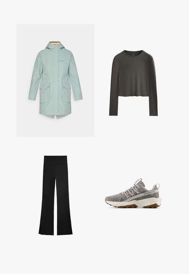 Jasno miętowa wodoodporna kurtka z zapięciem na zamek, dwoma przednimi kieszeniami, kapturem i wyższym tyłem. Charakteryzuje się subtelnym logo na klatce piersiowej.; Czarna szara bluzka z długim rękawem, krótka, z okrągłym dekoltem, minimalnym przeszyciem i prostą gładką fakturą materiału.; Czarne spodnie o szerokim kroju, z wysokim stanem i bocznymi rozcięciami dla łatwości ruchu. Wykonane z gładkiego, elastycznego materiału.; Szare sneakersy New Balance z teksturowaną cholewką z dzianiny, białą geometryczną podeszwą, brązowym bieżnikiem, elastycznym sznurowaniem oraz pętelkami na języku i pięcie.