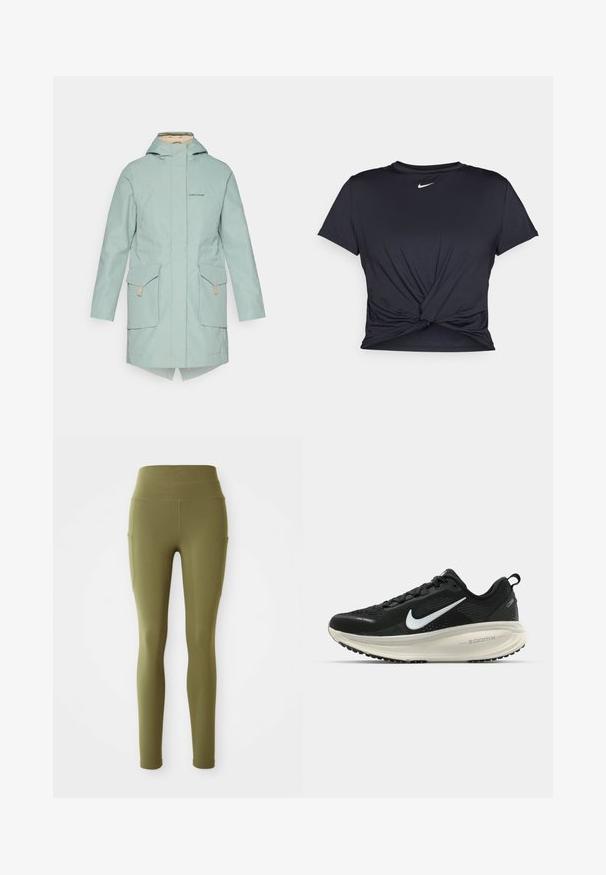 Világos mentazöld vízálló dzseki cipzárral, két elülső zsebbel, kapucnival és magas-lapos szegéllyel. Diszkrét logó található a mellen.; Fekete sportpóló sima anyagból, elöl megkötős dizájnnal, a mellkason egy kis fehér Nike logóval.; Olíva zöld, magas derekú leggings oldalsó zsebekkel és varrási részletekkel, fehér háttér előtt laposan kihelyezve.; Fekete Nike futócipő légáteresztő hálós felsőrésszel, fehér Swoosh logóval, textúrázott részletekkel és krém színű ZoomX középtalppal.
