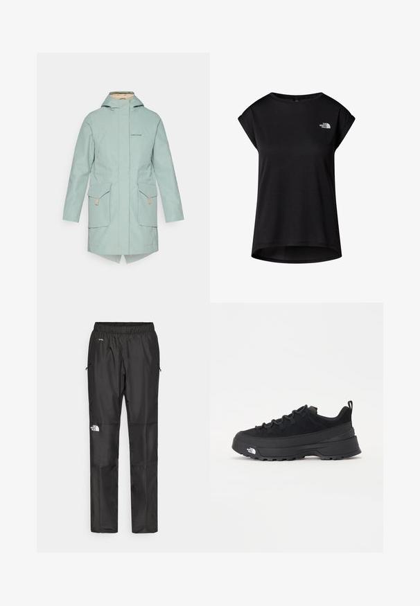 Giacca impermeabile verde menta chiaro con chiusura a zip, due tasche frontali, cappuccio e orlo più lungo sul retro. Presenta un logo discreto sul petto.; T-shirt nera a maniche corte realizzata in tessuto morbido. Presenta un collo rotondo e un logo stampato sul petto. Vestibilità rilassata, leggermente ampia, con orlo curvo.; Pantaloni impermeabili neri realizzati in tessuto leggero, dotati di cintura elastica, tasche laterali e un logo sulla gamba sinistra.; Sneaker da esterno nera con parte superiore in suede, suola in gomma testurizzata e robusto sistema di allacciatura. Presenta un tallone rinforzato e il logo del marchio sul lato.