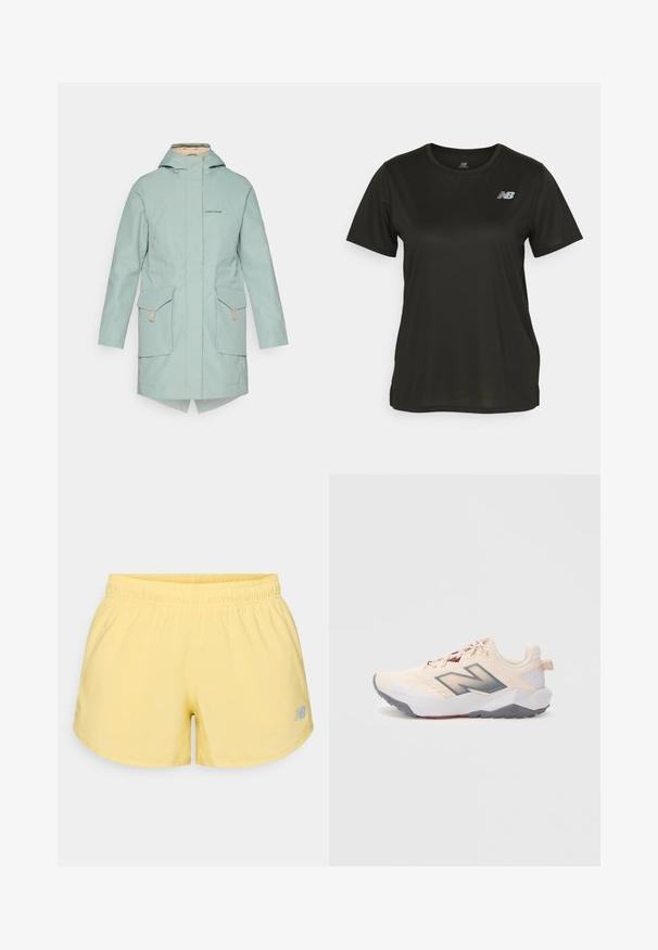Jachetă impermeabilă de culoare verde mentă deschisă, cu închidere cu fermoar, două buzunare frontale, glugă și tiv asimetric. Prezintă un branding subtil pe piept.; Tricou negru cu mânecă scurtă, fabricat dintr-un material neted, având guler rotund și un logo alb reflectorizant pe pieptul stâng.; Shorts atletici galbeni cu un tiv elastic și un mic logo gri în colțul din dreapta jos. Material neted, ușor și design scurt.; Adidași atletici bej deschis cu talpă gri, logo alb-negru "N" în gri închis și accente vișinii, văzuți din partea stângă pe un fundal alb.