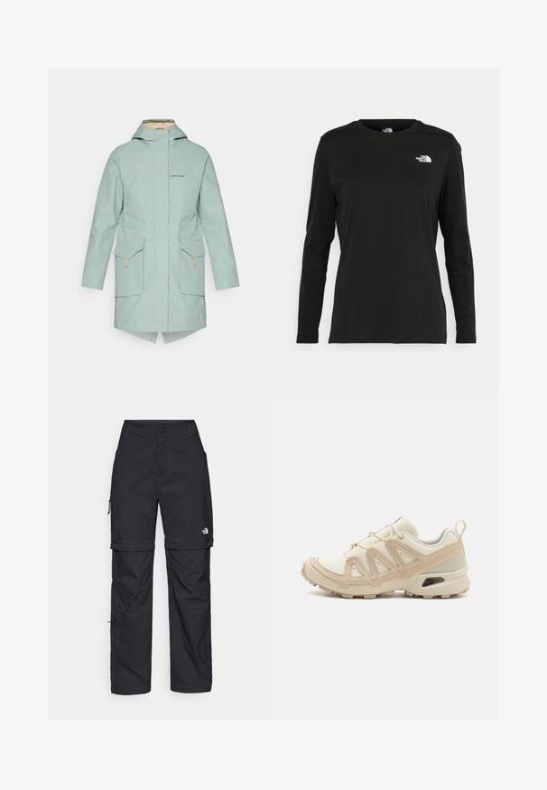 Giacca impermeabile verde menta chiaro con chiusura a zip, due tasche frontali, cappuccio e orlo più lungo sul retro. Presenta un logo discreto sul petto.; T-shirt nera a maniche lunghe in cotone con colletto rotondo. Presenta un piccolo logo bianco sul lato sinistro del petto. Design semplice e vestibilità comoda.; Pantaloni cargo in nylon nero con zip rimovibile, polsini regolabili, molteplici tasche e un logo sulla gamba destra. Tessuto liscio e leggero.; Scarpa atletica beige e crema con tomaia in mesh testurizzato, sovrapposizioni supportive e suola in gomma con un motivo a tasselli per la trazione.