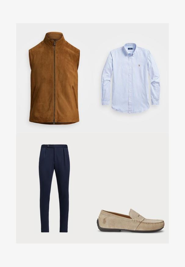 Gilet sans manches en cuir suédé marron avec col montant, fermeture éclair sur le devant et deux poches latérales verticales sur un fond blanc.; Chemise à rayures bleu clair et blanche, avec un col classique, des manches longues et un petit logo brodé sur la poitrine.; Pantalons ajustés bleu marine avec un devant plat, deux plis avant et une fermeture à un bouton, en tissu lisse et texturé.; Mocassins en suede beige avec un détail cousu, semelle en caoutchouc plate et un petit logo sur le côté. Design classique à enfiler, texture douce.