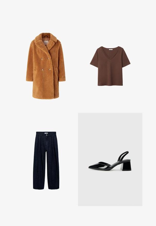 Brun, dubbelknäppt kappa i mjukt, fuzzy material. Har ett brett slag, två framfickor och runda knappar för stängning.; Brun bomulls t-shirt med korta ärmar och djup V-ringning. Enkel design, mjuk textur och rak fåll. Inga mönster eller dekorationer.; Mörk denim vida byxor med veck vid midjan, med en framknapp och bältesögglor. Slät textur och helängdsdesign.; Svarta lackläder slingback klackar med spetsig tå och geometrisk klack. Har en elegant, minimalistisk design och slät yta.