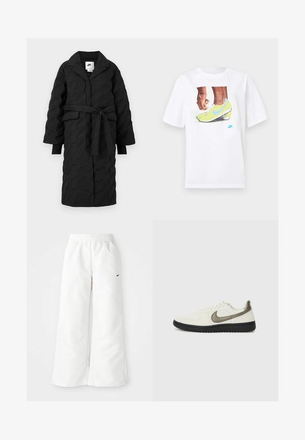 Crni kviltani dugi kaput s oštrim reverima, pojasom u struku i dugim rukavima. Ima suptilnu teksturu i sportski dizajn.; Bijela pamučna majica s grafikom stopala u žutim Nike kopačkama s plavim akcentima, uparena s narukvicom na lijevom zapešću.; Bijele sportske hlače sa širokim nogavicama, elastičnim pojasom i malim crnim Nike logotipom s lijeve strane. Glatki, lagani materijal.; Nike Sportswear FIELD GENERAL - Tenisice - off-white/black