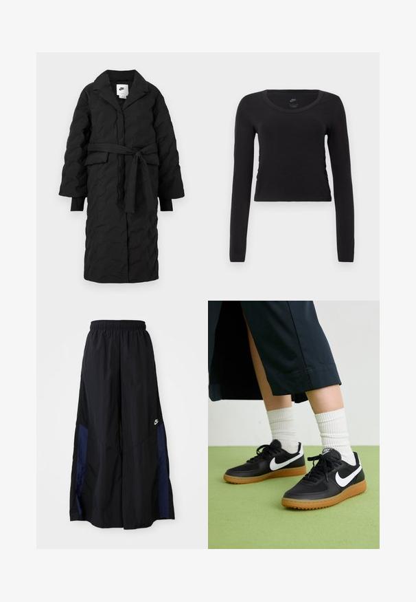 Casaco longo preto acolchoado com colarinho em bico, cintura cingida por cinto e mangas longas. Apresenta uma textura subtil e um design desportivo.; T-shirt de manga longa e cropped em algodão preto sólido. Apresenta um decote redondo e um leve detalhe de franzido nas laterais para um ajuste ajustado.; Calças largas pretas feitas de tecido leve, com um painel lateral azul-marinho e cintura elástica. Pequeno logótipo branco na parte inferior.; Sapatilhas pretas em couro e sintético com o logo da Nike em branco, sola de borracha tipo goma, bico redondo e atacadores pretos. Meias brancas com frunces visíveis.