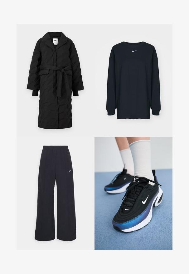 Melns quiltots garais mētelis ar izgrieztu apkakli, jostotu vidukli un garām piedurknēm. Izkauzēta tekstūra un sportisks dizains.; Melnas garajām piedurknēm T-krekls no kokvilnas ar apaļu kakla izgriezumu. Uz krūtīm ir balts Nike logo. Mīksta tekstūra, vienkāršs dizains.; Melnas platās bikses ar elastīgu jostu un mazu baltu Nike logo. Audumam ir gluda tekstūra, kas paredzēta ērtībai un ikdienas valkāšanai.; Melnie Nike sporta apavi ar gludu auduma virsmu, argradienta zilu uz melnu dizainu, balta zole un izteiksmīgi logotipa akcenti.
