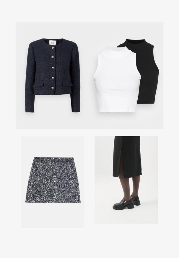 Námornícky textúrovaný kabát s okrúhlym výstrihom, dlhými rukávmi a piatimi kovovými zapínaniami. Má dve predné vrecká s klapkami.; Dve bezrukávové rebrované roláky v čiernej a bielej farbe, pričom majú priliehavý strih a hladkú textúru, s krátkou dĺžkou.; Strieborná mini sukňa s flitrami s textúrovaným vzorom a rovný strih. Tkanina vyzerá lesklá a odrazivá.; Čierne kožené topánky s okrúhlou špičkou, silným blokovým opätkom a elastickými bočnými akcentmi, skombinované s tmavými pančuchami a čiernou sukňou so štiepením.