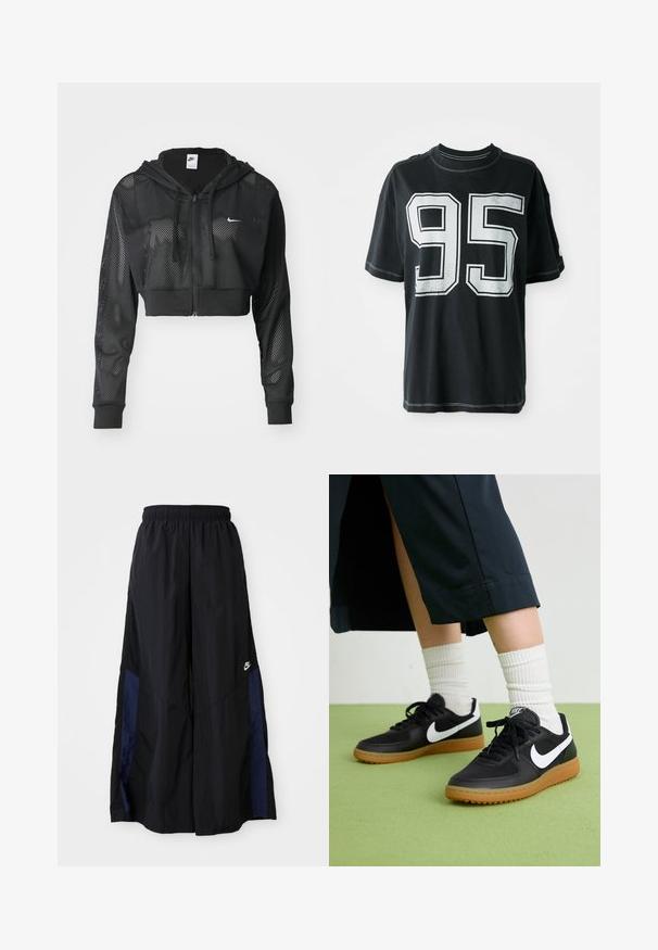 Nike Sportswear Casaco de treino - black; T-shirt de algodão preto com mangas curtas, apresentando o número "95" impresso em branco na parte da frente e costura contrastante ao longo das bordas.; Calças largas pretas feitas de tecido leve, com um painel lateral azul-marinho e cintura elástica. Pequeno logótipo branco na parte inferior.; Sapatilhas pretas em couro e sintético com o logo da Nike em branco, sola de borracha tipo goma, bico redondo e atacadores pretos. Meias brancas com frunces visíveis.