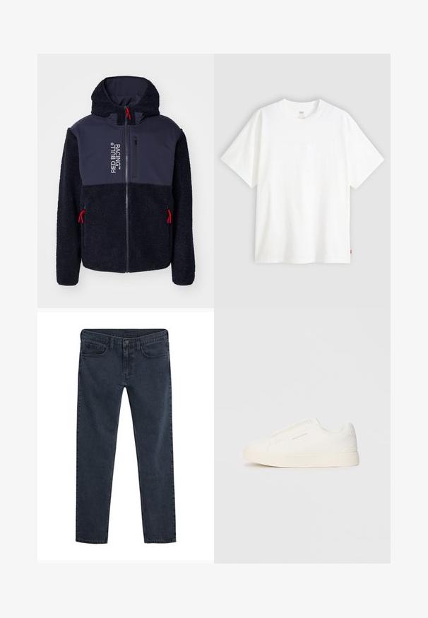 Mornarska flis jakna s mekanom teksturom, crvenim detaljima, punim patentnim zatvaračem i otisnutim logotipom. Ima kapuljaču i dva bočna džepa s patentnim zatvaračem.; Bijela kratka majica od pamuka s okruglim izrezom. Sadrži suptilni reljefni logo detalj sprijeda i crvenu oznaku na rubu.; Tamno plave traperice uskog kroja s pet džepova, zatvaranjem na kopče i diskretnom istrošenom teksturom po cijelom tkanju.; Bijele slip-on tenisice s teksturiranom površinom, debelim đonom i minimalističkim dizajnom. Sadrže logo branda sa strane.