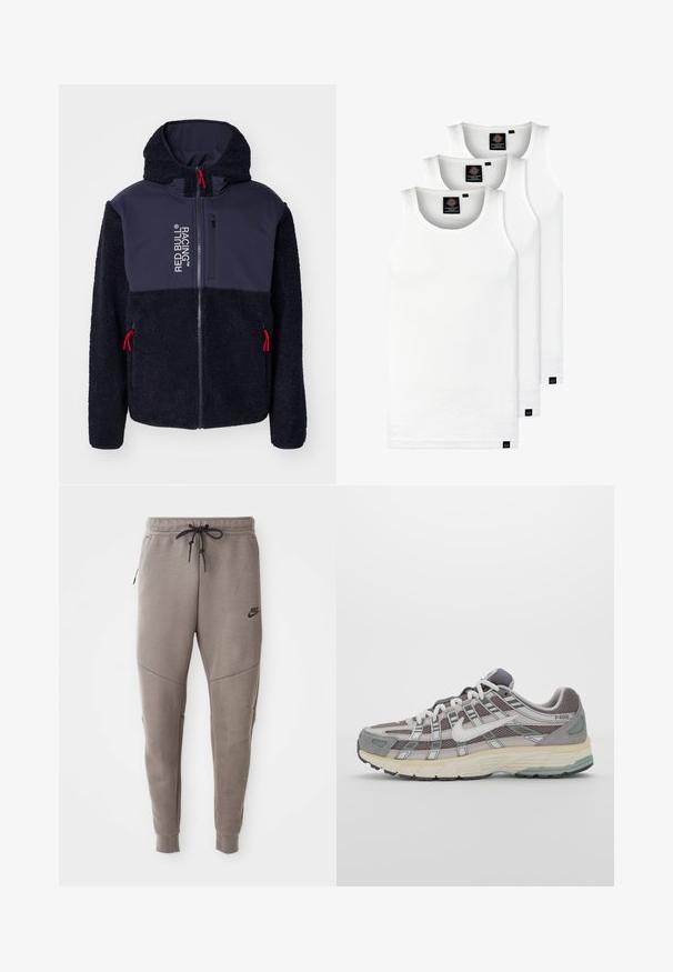 Giacca in pile blu navy con una texture morbida, dettagli rossi, zip completa e stampa del logo. Presenta un cappuccio e due tasche laterali con zip.; Tre canotte bianche a coste in cotone. Presentano un colletto rotondo e piccole etichette nere vicino all'orlo. Disponibile in diverse taglie.; Pantaloni sportivi Nike grigi con cintura regolabile, gambe affusolate, tasche laterali e dettagli di cucitura distintivi. Tessuto morbido e texture.; Scarpa sportiva grigia con tomaia in mesh e suede, dettagli bianchi, suola ammortizzata e un design distintivo con elementi riflettenti.