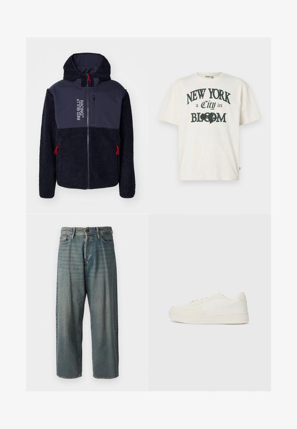 Granatowa polarowa kurtka o miękkiej fakturze, z czerwonymi akcentami, pełnym zamkiem błyskawicznym i nadrukiem logo. Posiada kaptur oraz dwie kieszenie boczne na zamek.; Kremowa bawełniana koszulka z krótkim rękawem, z nadrukiem "NOWY JORK miasto w KWIATACH" w ciemnozielonym kolorze.; Jasnoniebieskie dżinsy o luźnym kroju, średnim stanie i prostych nogawkach. Posiadają pięć kieszeni, szlufki na pasek oraz zapięcie na guzik.; Białe sneakersy z gładką skórzaną cholewką i zamszowymi akcentami. Posiadają perforowaną noskę, płaskie sznurowadła oraz gumową podeszwę z teksturowanymi detalami.